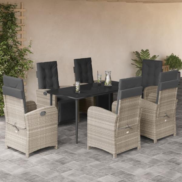 ARDEBO.de - 7-tlg. Garten-Essgruppe mit Kissen Hellgrau Poly Rattan