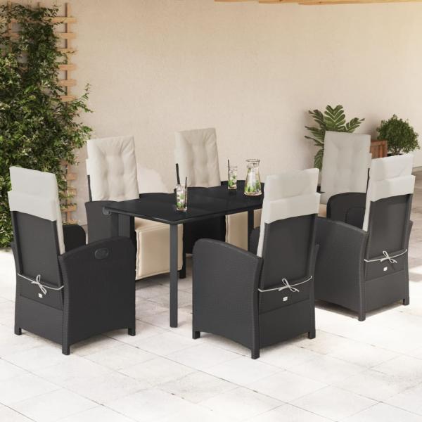 ARDEBO.de - 7-tlg. Garten-Essgruppe mit Kissen Schwarz Poly Rattan