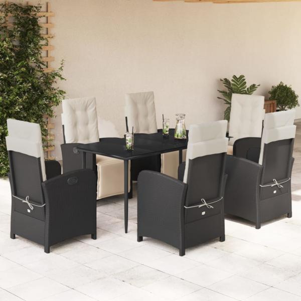ARDEBO.de - 7-tlg. Garten-Essgruppe mit Kissen Schwarz Poly Rattan