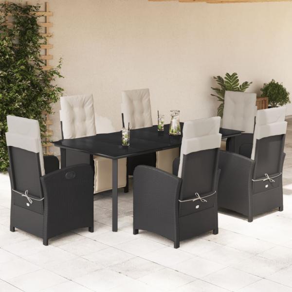 ARDEBO.de - 7-tlg. Garten-Essgruppe mit Kissen Schwarz Poly Rattan