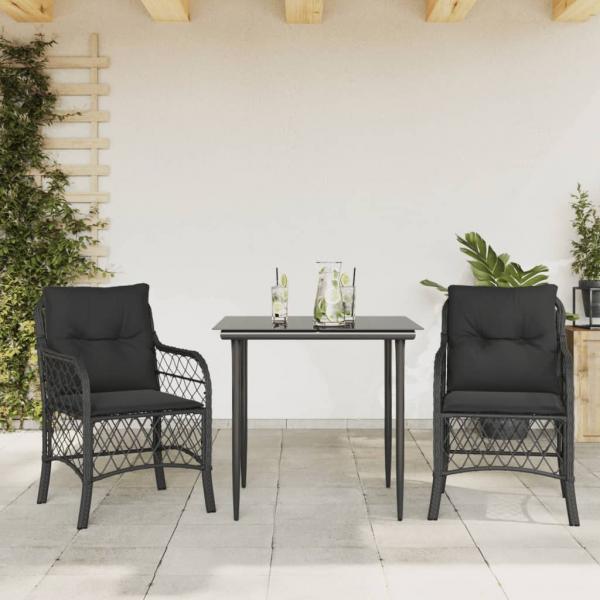 ARDEBO.de - 3-tlg. Bistro-Set mit Kissen Schwarz Poly Rattan