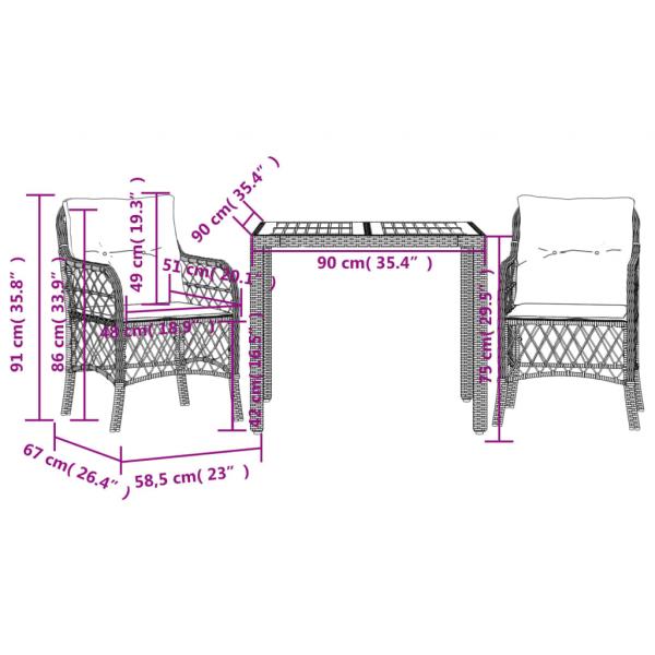 3-tlg. Bistro-Set mit Kissen Schwarz Poly Rattan