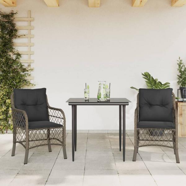 ARDEBO.de - 3-tlg. Bistro-Set mit Kissen Grau Poly Rattan