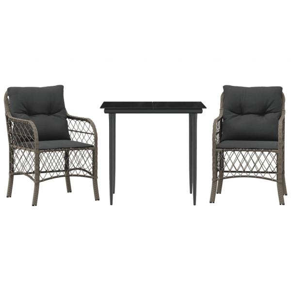 3-tlg. Bistro-Set mit Kissen Grau Poly Rattan