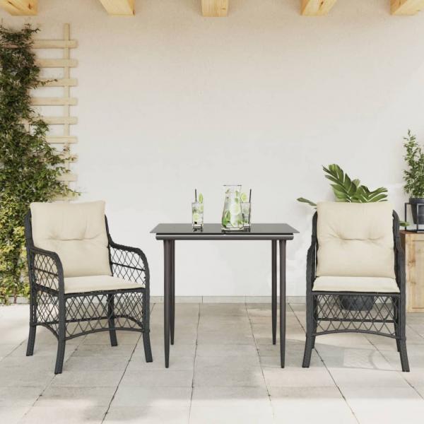 ARDEBO.de - 3-tlg. Bistro-Set mit Kissen Schwarz Poly Rattan