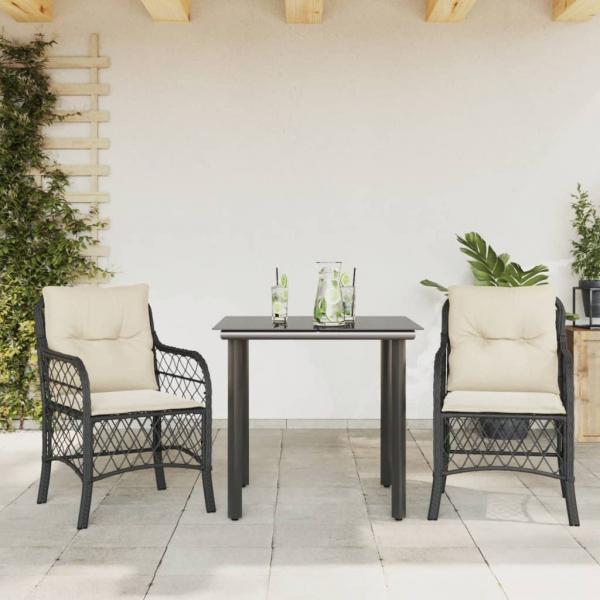 ARDEBO.de - 3-tlg. Bistro-Set mit Kissen Schwarz Poly Rattan