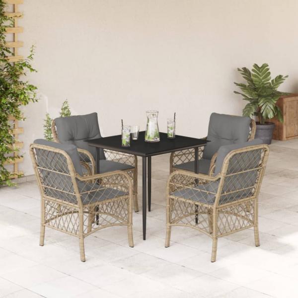 ARDEBO.de - 5-tlg. Garten-Essgruppe mit Kissen Beigemischung Poly Rattan