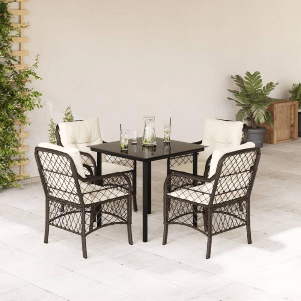ARDEBO.de - 5-tlg. Garten-Essgruppe mit Kissen Braun Poly Rattan