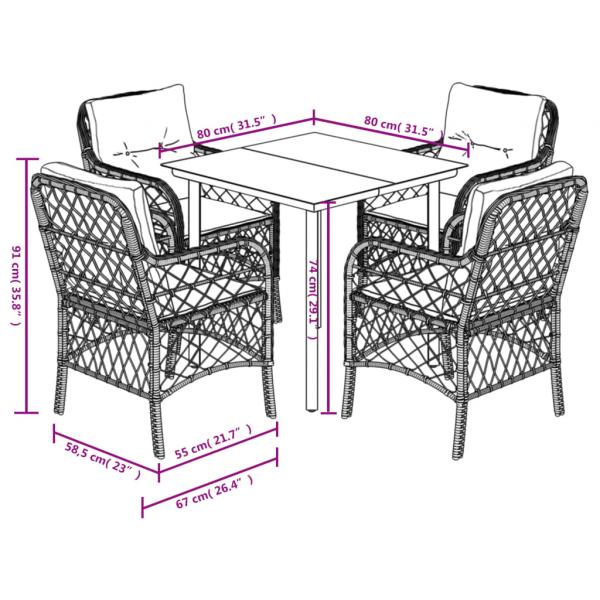 5-tlg. Garten-Essgruppe mit Kissen Braun Poly Rattan