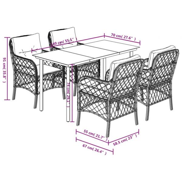 5-tlg. Garten-Essgruppe mit Kissen Schwarz Poly Rattan