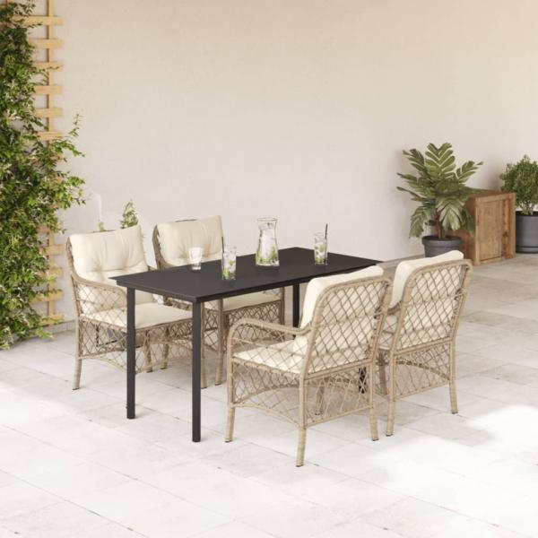 ARDEBO.de - 5-tlg. Garten-Essgruppe mit Kissen Beige Poly Rattan