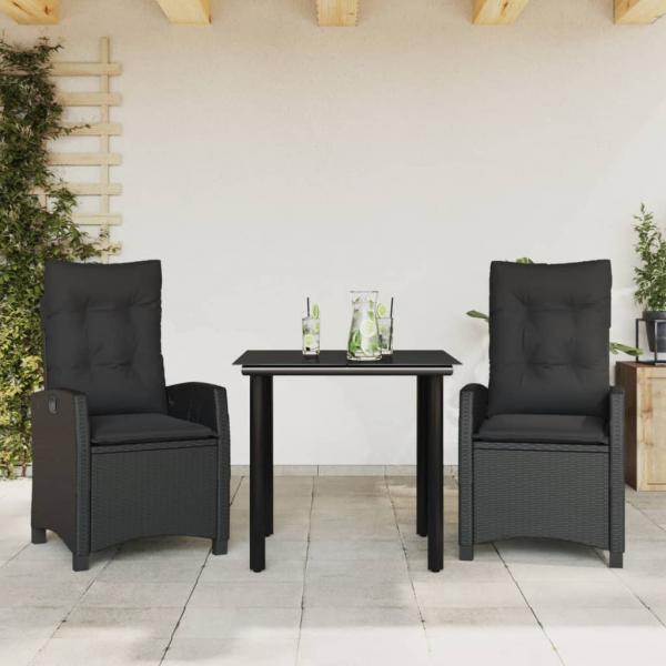 ARDEBO.de - 3-tlg. Garten-Essgruppe mit Kissen Schwarz Poly Rattan
