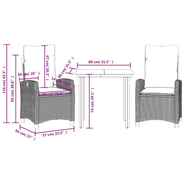 3-tlg. Garten-Essgruppe mit Kissen Schwarz Poly Rattan