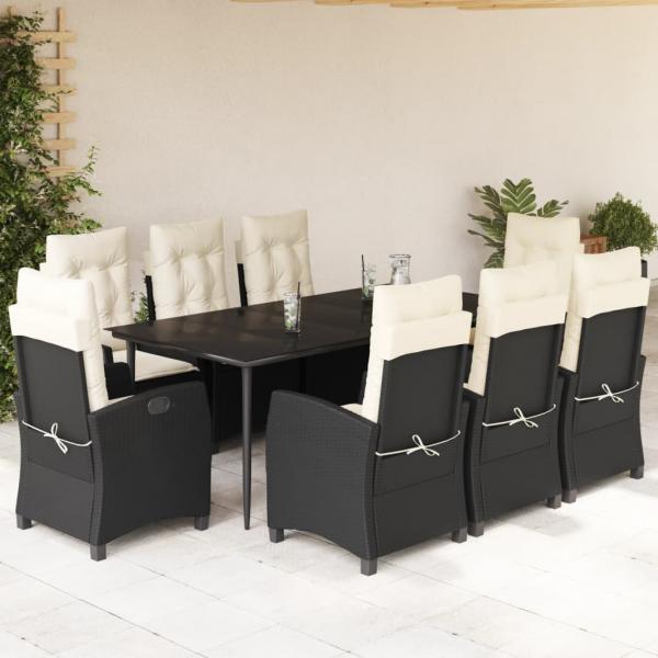 ARDEBO.de - 9-tlg. Garten-Essgruppe mit Kissen Schwarz Poly Rattan