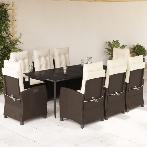 ARDEBO.de - 9-tlg. Garten-Essgruppe mit Kissen Braun Poly Rattan