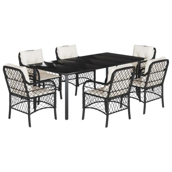 7-tlg. Garten-Essgruppe mit Kissen Schwarz Poly Rattan