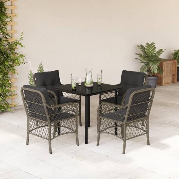 ARDEBO.de - 5-tlg. Garten-Essgruppe mit Kissen Grau Poly Rattan