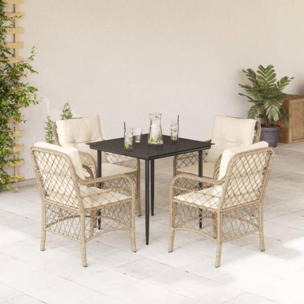 ARDEBO.de - 5-tlg. Garten-Essgruppe mit Kissen Beige Poly Rattan