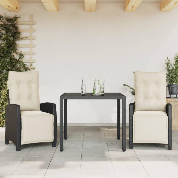 ARDEBO.de - 3-tlg. Garten-Essgruppe mit Kissen Schwarz Poly Rattan