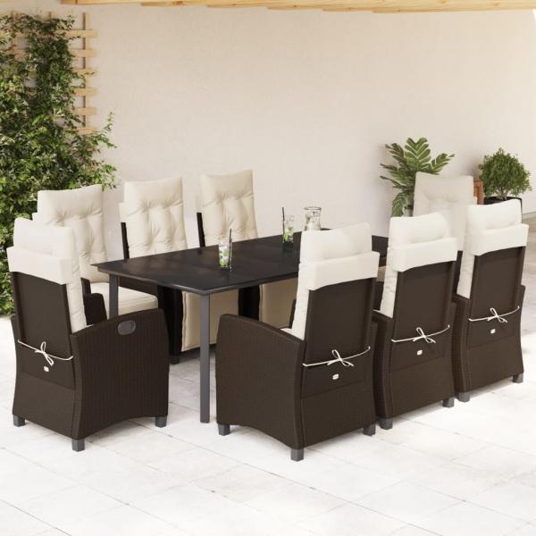 ARDEBO.de - 9-tlg. Garten-Essgruppe mit Kissen Braun Poly Rattan