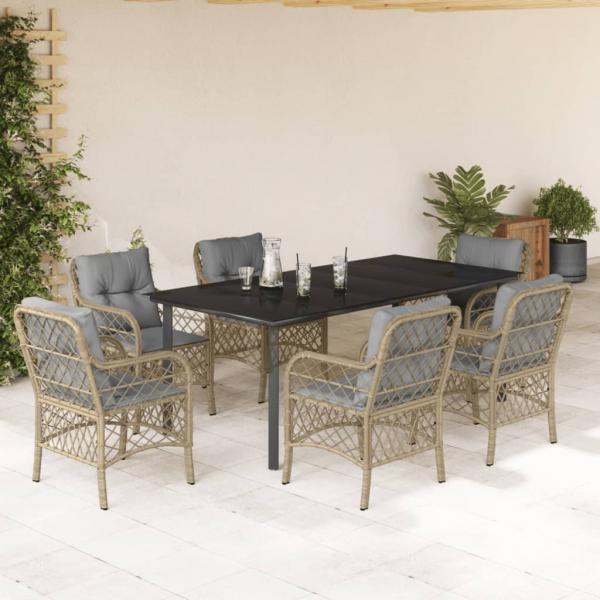 ARDEBO.de - 7-tlg. Garten-Essgruppe mit Kissen Beigemischung Poly Rattan