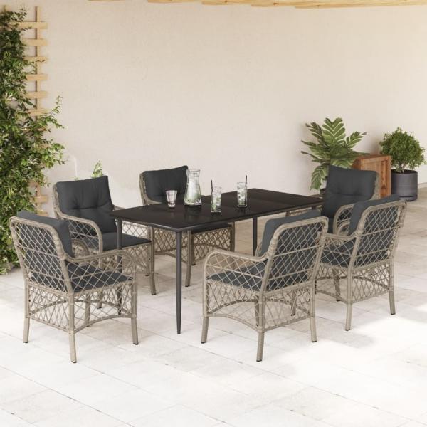 ARDEBO.de - 7-tlg. Garten-Essgruppe mit Kissen Hellgrau Poly Rattan