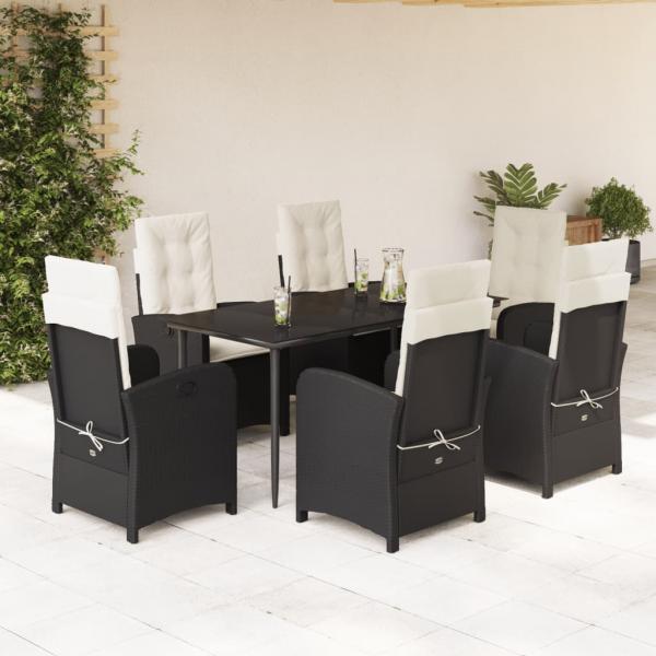ARDEBO.de - 7-tlg. Garten-Essgruppe mit Kissen Schwarz Poly Rattan