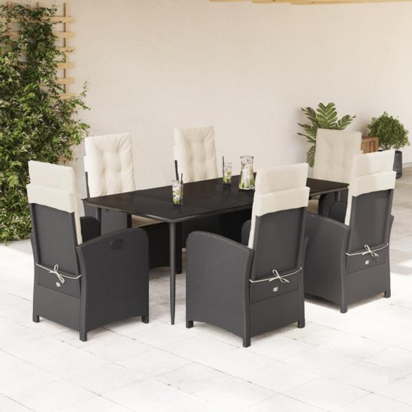 ARDEBO.de - 7-tlg. Garten-Essgruppe mit Kissen Schwarz Poly Rattan