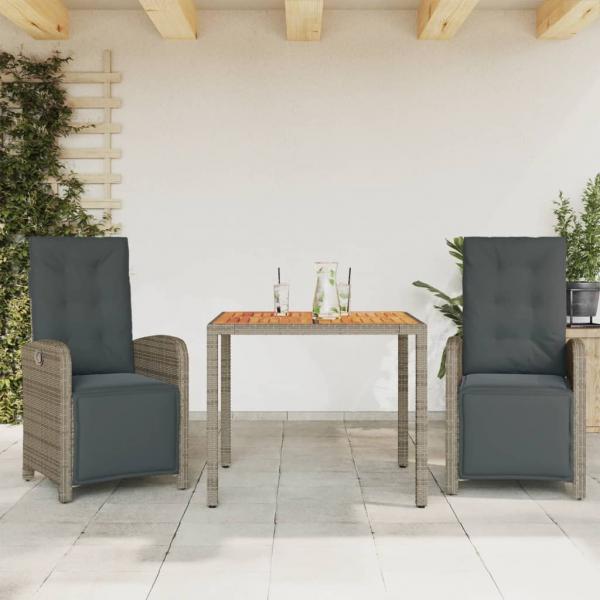 ARDEBO.de - 3-tlg. Bistro-Set mit Kissen Grau Poly Rattan