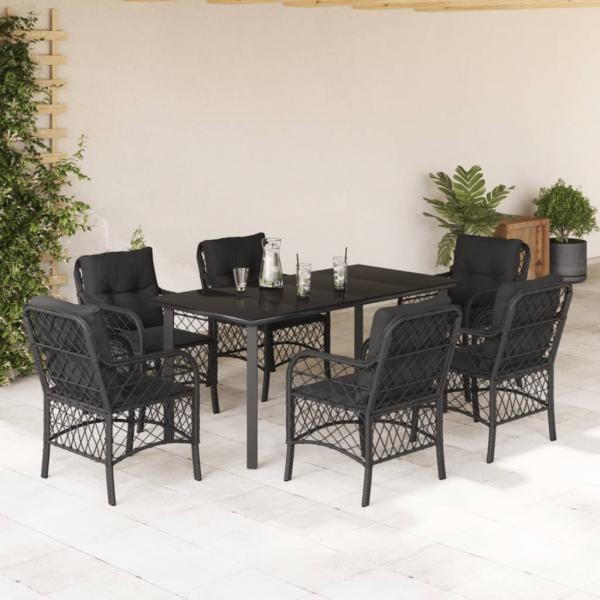 ARDEBO.de - 7-tlg. Garten-Essgruppe mit Kissen Schwarz Poly Rattan