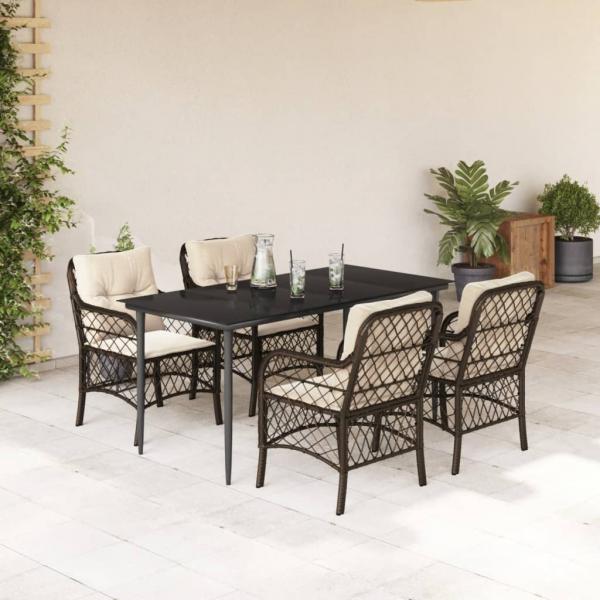 ARDEBO.de - 5-tlg. Garten-Essgruppe mit Kissen Braun Poly Rattan