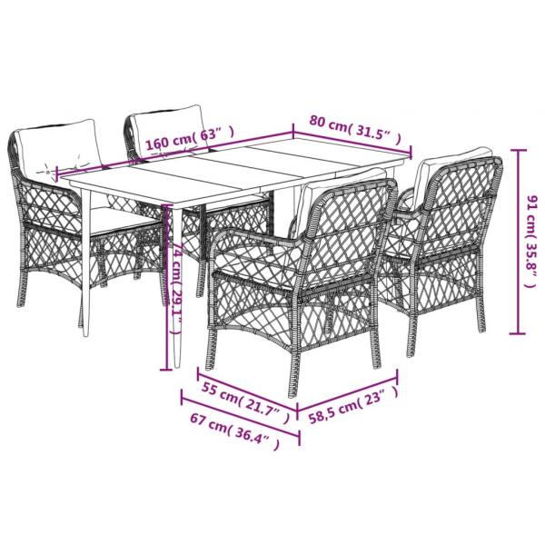 5-tlg. Garten-Essgruppe mit Kissen Braun Poly Rattan