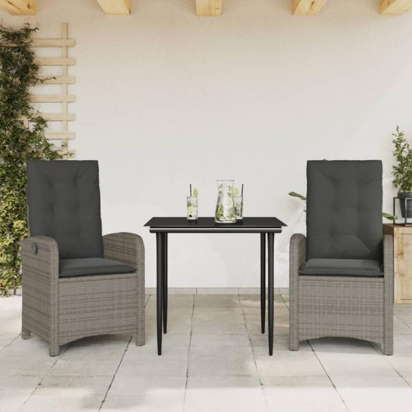 ARDEBO.de - 3-tlg. Garten-Essgruppe mit Kissen Grau Poly Rattan