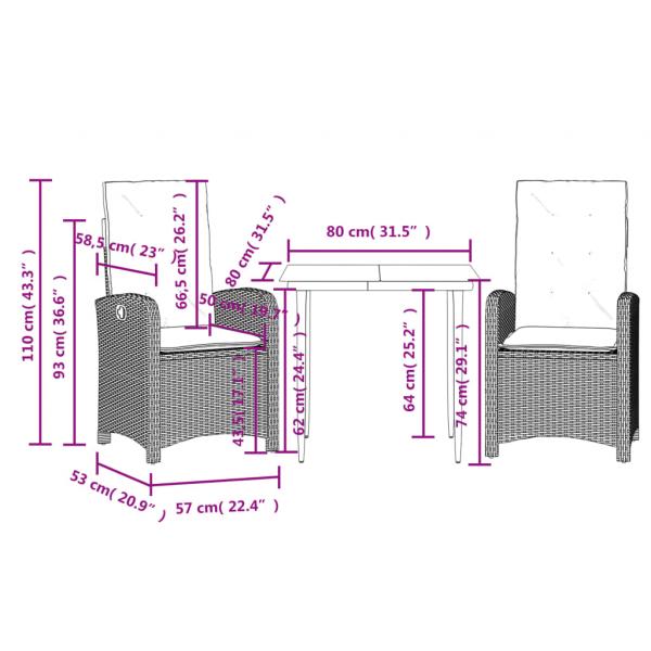 3-tlg. Garten-Essgruppe mit Kissen Grau Poly Rattan