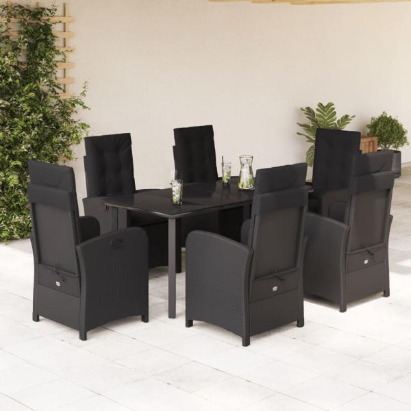 ARDEBO.de - 7-tlg. Garten-Essgruppe mit Kissen Schwarz Poly Rattan