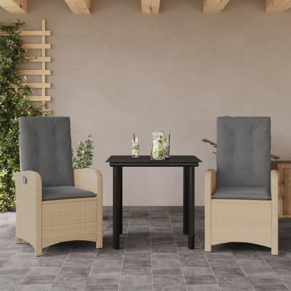 ARDEBO.de - 3-tlg. Garten-Essgruppe mit Kissen Beigemischung Poly Rattan