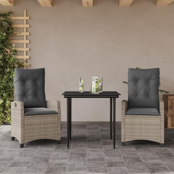ARDEBO.de - 3-tlg. Garten-Essgruppe mit Kissen Hellgrau Poly Rattan