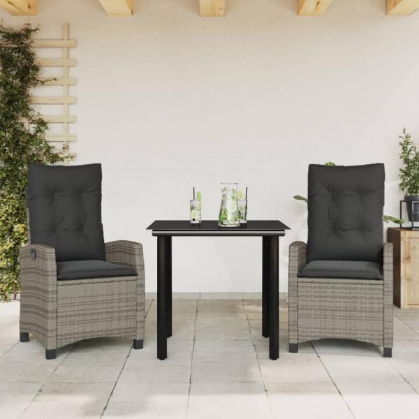 ARDEBO.de - 3-tlg. Garten-Essgruppe mit Kissen Grau Poly Rattan