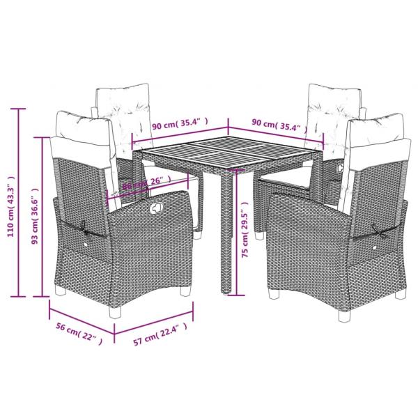 5-tlg. Garten-Essgruppe mit Kissen Schwarz Poly Rattan