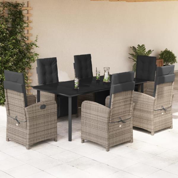 ARDEBO.de - 7-tlg. Garten-Essgruppe mit Kissen Grau Poly Rattan