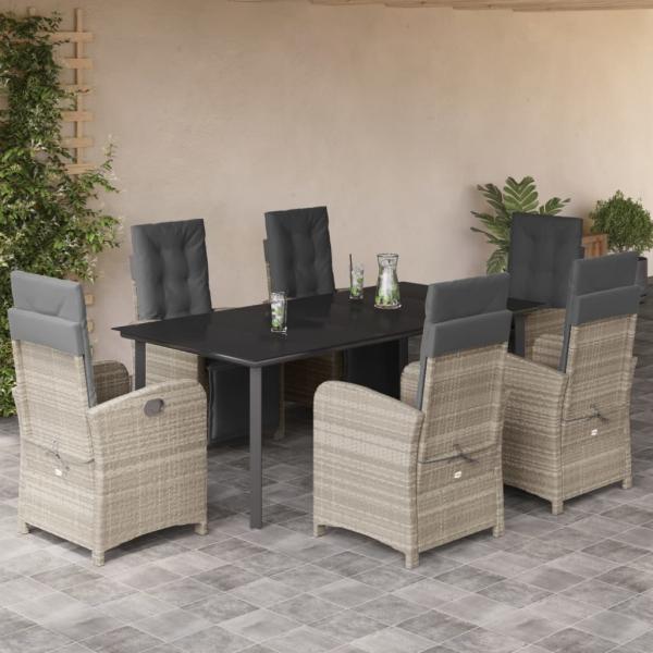 ARDEBO.de - 7-tlg. Garten-Essgruppe mit Kissen Hellgrau Poly Rattan