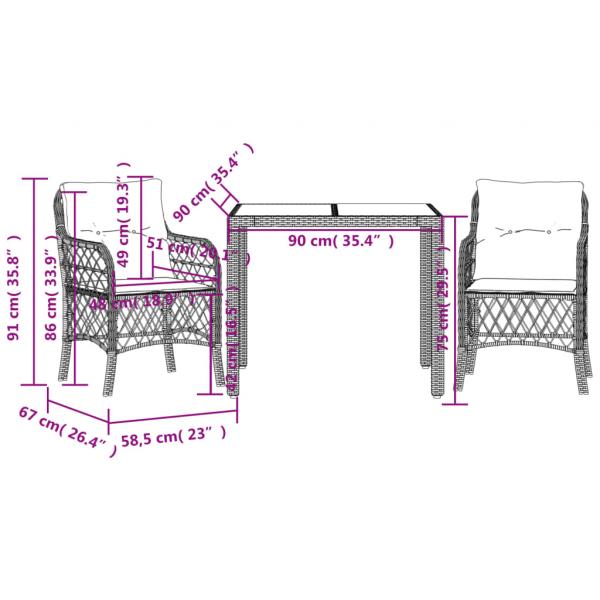 3-tlg. Bistro-Set mit Kissen Schwarz Poly Rattan