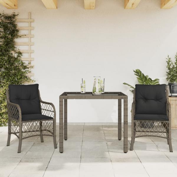 ARDEBO.de - 3-tlg. Bistro-Set mit Kissen Grau Poly Rattan