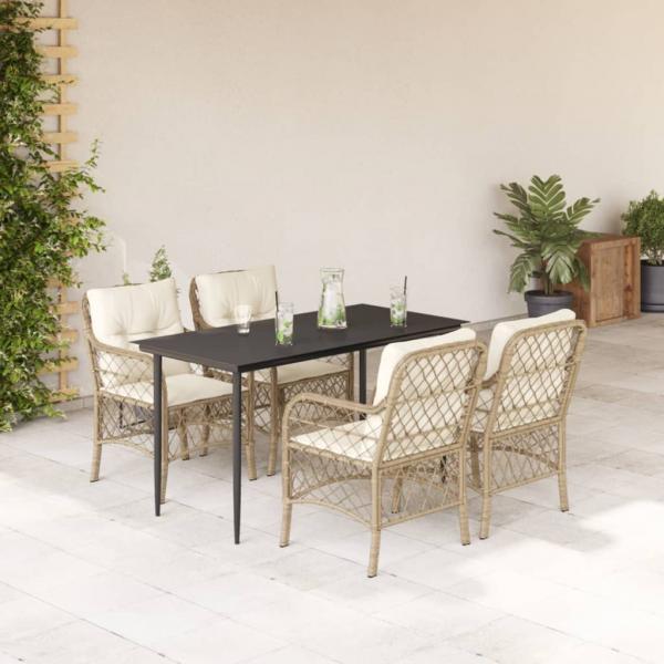 ARDEBO.de - 5-tlg. Garten-Essgruppe mit Kissen Beige Poly Rattan