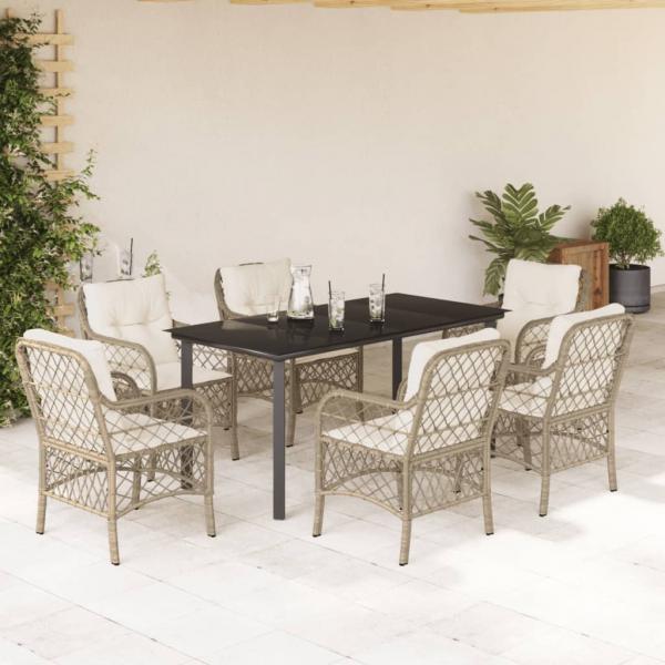 ARDEBO.de - 7-tlg. Garten-Essgruppe mit Kissen Beige Poly Rattan