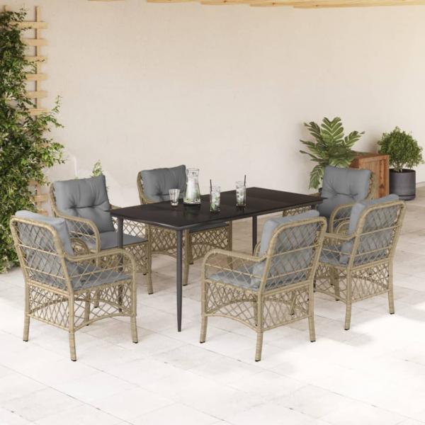 ARDEBO.de - 7-tlg. Garten-Essgruppe mit Kissen Beigemischung Poly Rattan