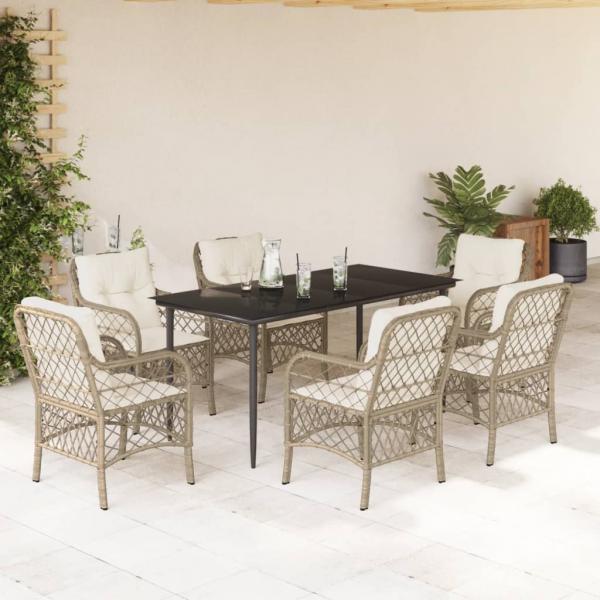 ARDEBO.de - 7-tlg. Garten-Essgruppe mit Kissen Beige Poly Rattan