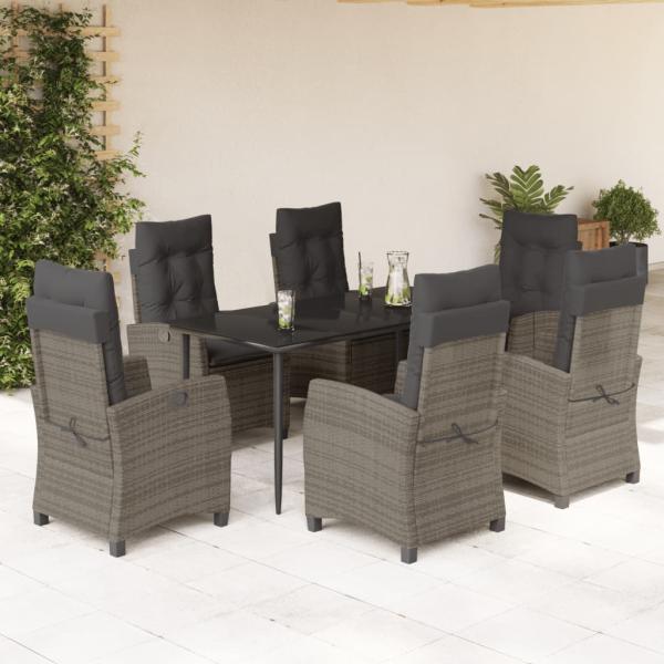 ARDEBO.de - 7-tlg. Garten-Essgruppe mit Kissen Grau Poly Rattan