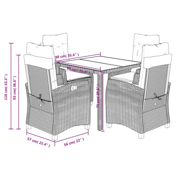 5-tlg. Garten-Essgruppe mit Kissen Grau Poly Rattan