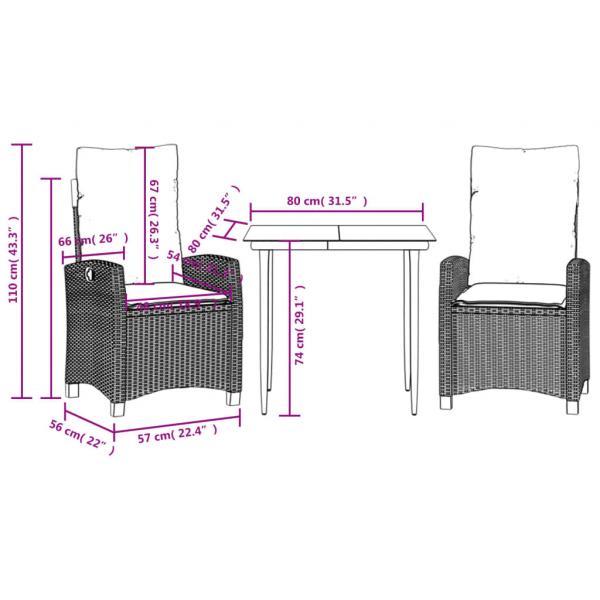 3-tlg. Garten-Essgruppe mit Kissen Schwarz Poly Rattan